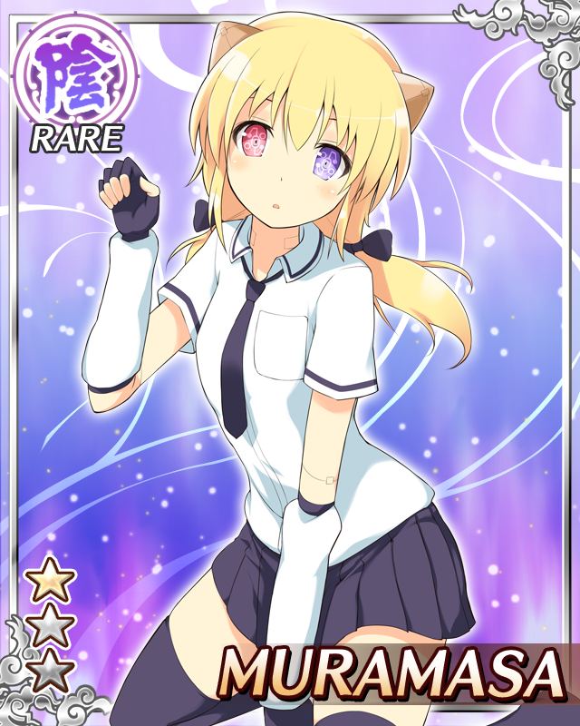 muramasa (senran kagura), senran kagura, senran kagura new wave, game cg, official art, 1girl, :o, android, blonde hair, blue necktie, blue skirt, blue thighhighs, card (medium), character name, doll joints, english text, fingerless gloves, flat chest, giant fist, gloves, hanzou academy school uniform, heterochromia, horns, joints, kneeling, looking at viewer, low twintails, mechanical horns, medium hair, necktie, power fist, purple eyes, red eyes, school uniform, shirt, skirt, solo, thighhighs, twintails, white shirt