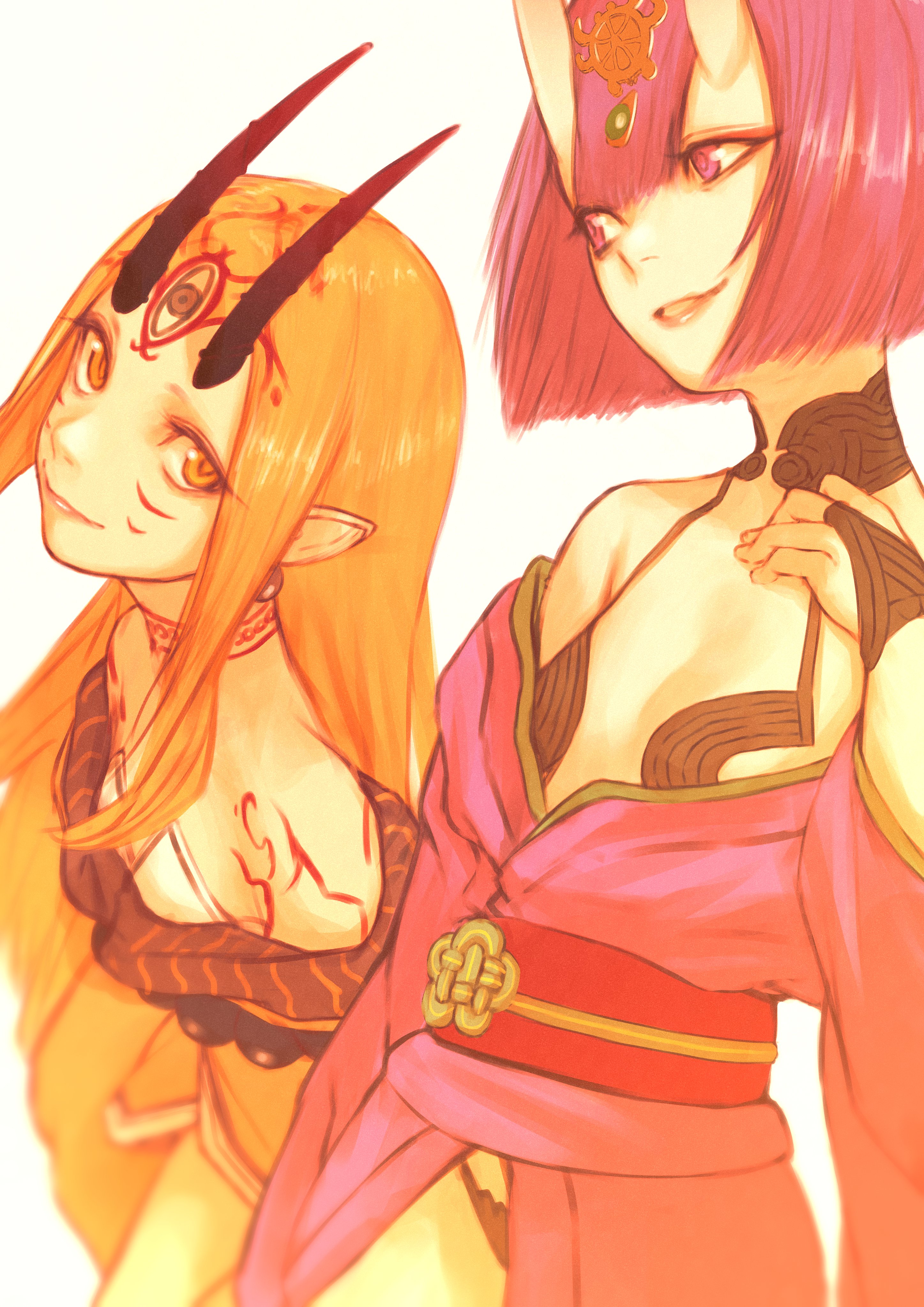 ymzzil, ibaraki douji (fate), shuten douji (fate), fate/grand order, fate (series), absurdres, highres, 2girls, blonde hair, bob cut, breasts, eyeliner, facial mark, forehead mark, headpiece, horns, ibaraki douji (first ascension) (fate), japanese clothes, kimono, long hair, makeup, multiple girls, oni, pointy ears, purple eyes, purple hair, purple kimono, short hair, simple background, skin-covered horns, small breasts, smile, tattoo, white background, yellow eyes