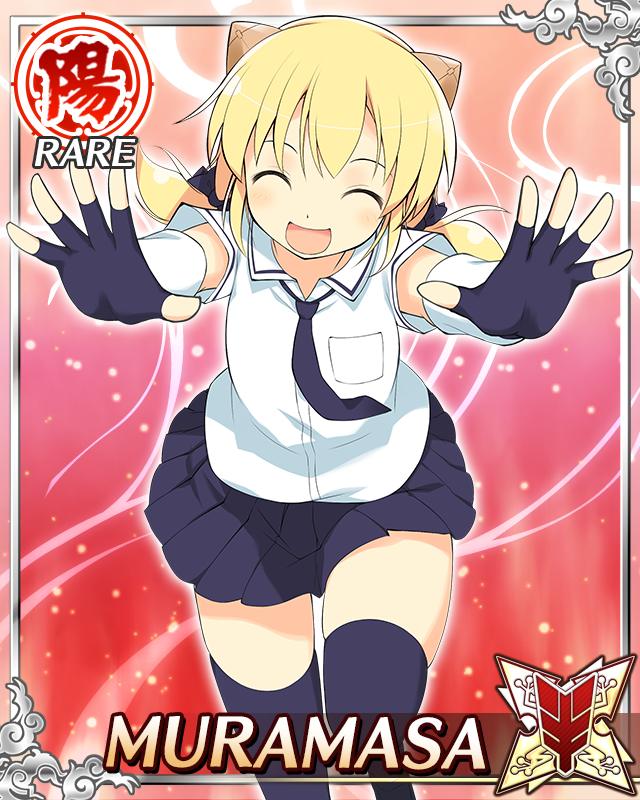 muramasa (senran kagura), senran kagura, senran kagura new wave, game cg, official art, 1girl, :d, android, blonde hair, blue necktie, blue skirt, blue thighhighs, card (medium), character name, closed eyes, doll joints, english text, fingerless gloves, flat chest, gloves, hanzou academy school uniform, horns, joints, low twintails, mechanical horns, medium hair, necktie, open mouth, running towards viewer, school uniform, shirt, skirt, smile, solo, thighhighs, twintails, white shirt