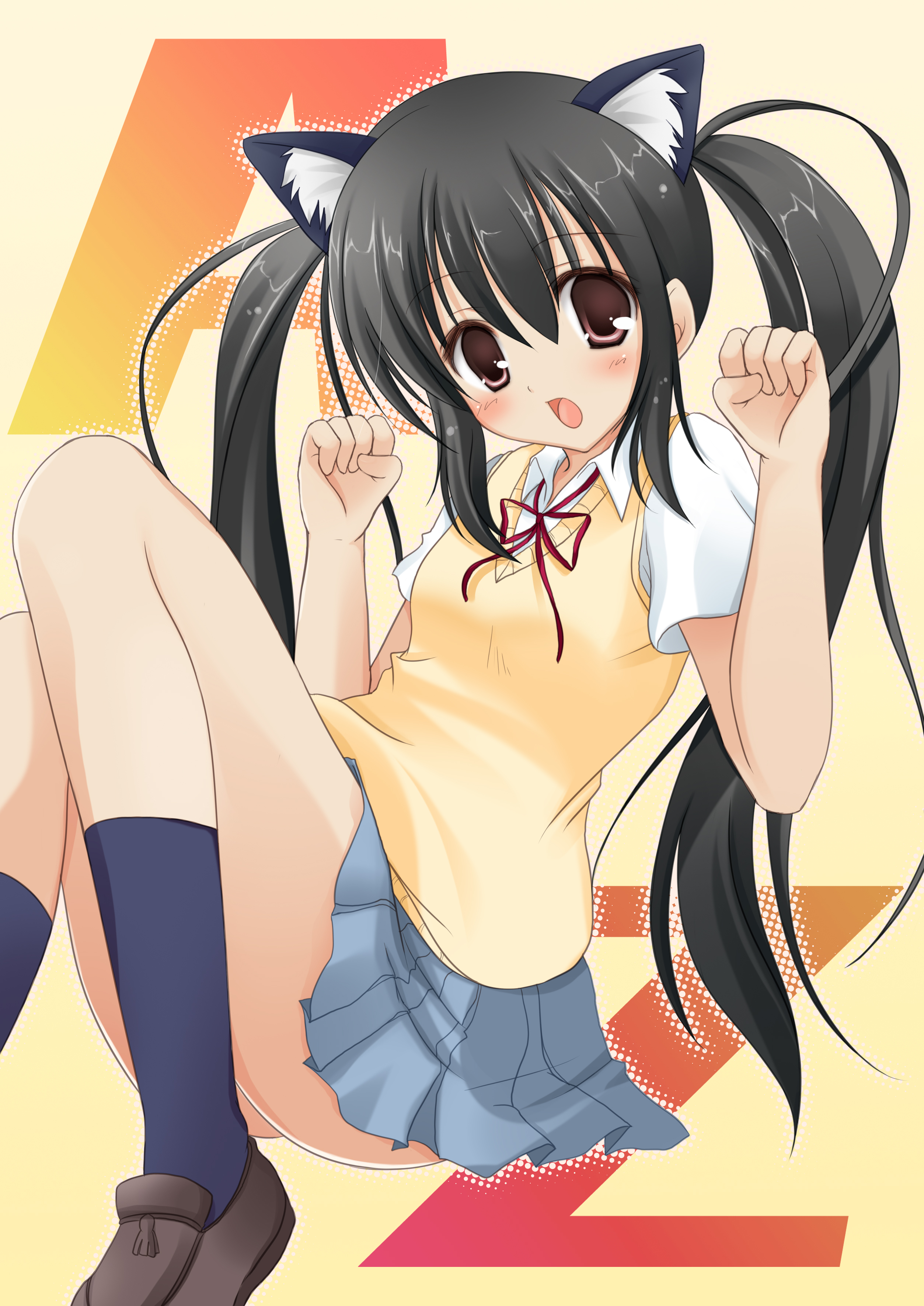 rinka (yuyutei), nakano azusa, k-on!, absurdres, highres, 00s, 1girl, animal ears, black hair, black socks, brown eyes, cat ears, cat girl, female focus, halftone, halftone background, long hair, neck ribbon, open mouth, paw pose, red ribbon, ribbon, school uniform, socks, solo, twintails