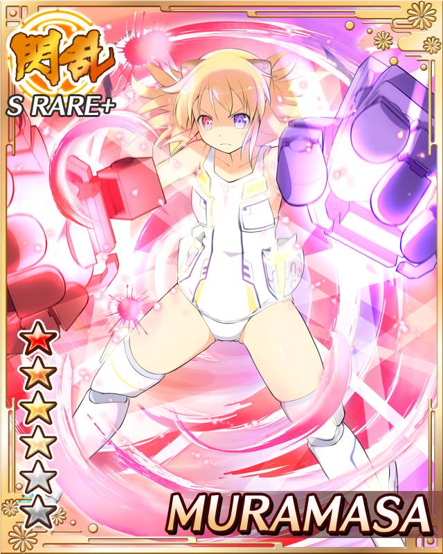 muramasa (senran kagura), senran kagura, senran kagura new wave, game cg, official art, 1girl, android, aura, blonde hair, card (medium), character name, closed mouth, doll joints, english text, flat chest, frown, giant fist, heterochromia, horns, joints, low twintails, mechanical horns, medium hair, one-piece swimsuit, power fist, powering up, purple eyes, red eyes, solo, spread legs, swimsuit, twintails, white one-piece swimsuit