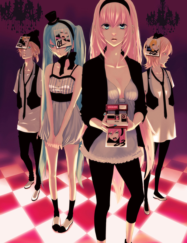 yunomi (yunomi imonuy), hatsune miku, kagamine len, kagamine rin, megurine luka, vocaloid, 1boy, 3girls, aqua eyes, aqua hair, aqua nails, black leggings, blonde hair, bonnet, camera, casual, cup, dress, hairband, hat, leggings, lips, long hair, mini hat, mini top hat, multiple girls, nail polish, necktie, pantyhose, photo (object), pink hair, polaroid photo, shoes, short dress, short hair, sleeves rolled up, spandex, top hat, twintails, very long hair, yunomi