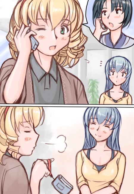 tsuda nanafushi, hinaichigo, kashiwaba tomoe, suigintou, rozen maiden, silver hair, 00s, 3girls, aged up, black hair, blonde hair, casual, cellphone, green eyes, hairband, mole, mole under eye, multiple girls, one eye closed, phone, short hair, sigh, talking on phone, wink