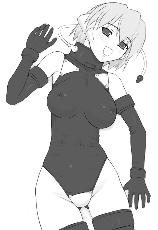 shichimenchou, kotonomiya yuki, suigetsu, 1girl, breasts, covered erect nipples, female focus, greyscale, large breasts, monochrome, simple background, solo, thighhighs