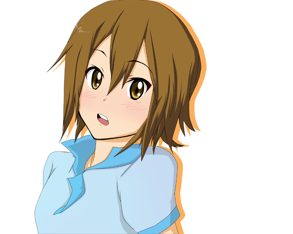 su-35 (artist), tainaka ritsu, k-on!, 00s, 1girl, alternate hairstyle, blush, brown eyes, brown hair, female focus, hair down, short hair, solo, tomboy, white background