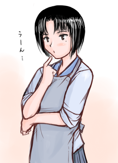 tsuda nanafushi, kashiwaba tomoe, rozen maiden, 00s, 1girl, aged up, apron, black hair, brown eyes, female focus, finger to mouth, mole, mole under eye, short hair, sleeves rolled up, solo