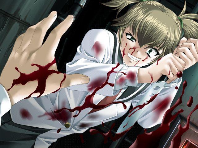 doh250r, sudou nami, seisai ~hakudaku no misogi~, game cg, 1girl, blonde hair, blood, blood on clothes, blood on face, crazy, crazy eyes, crazy smile, green eyes, grin, guro, knife, male hand, pov, short twintails, smile, stab, twintails