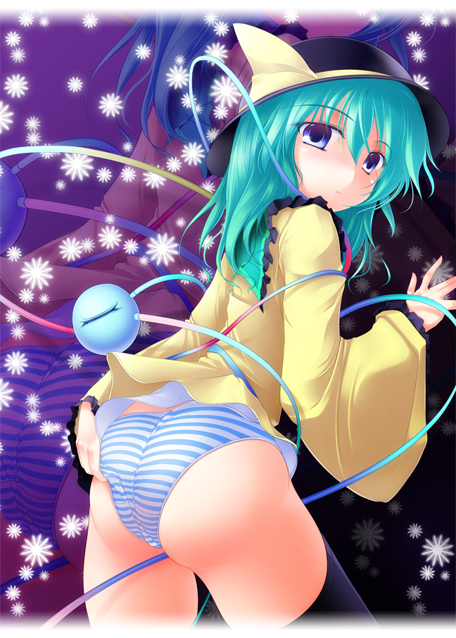 gisyo, komeiji koishi, touhou, bad id, bad pixiv id, 1girl, :t, ass, blue eyes, female focus, green hair, hat, looking back, panties, short hair, solo, striped clothes, striped panties, underwear, zoom layer