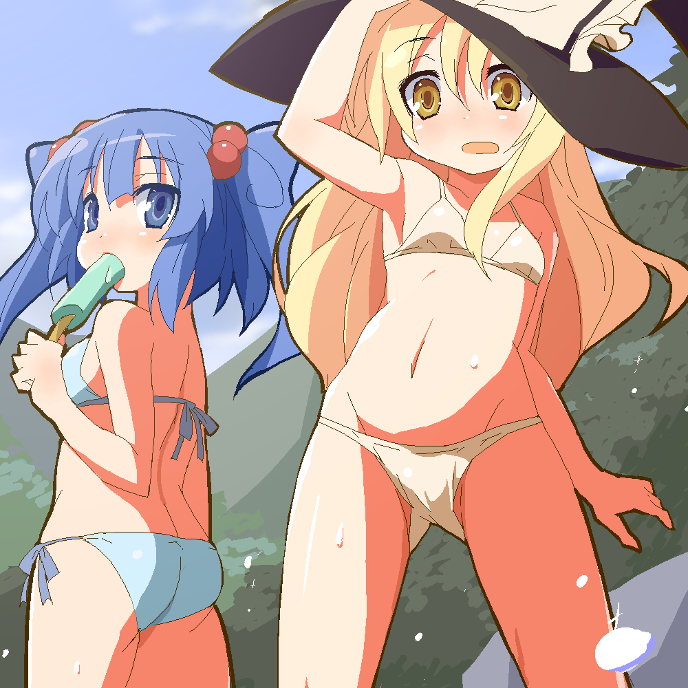 9law, kawashiro nitori, kirisame marisa, touhou, bad id, bad pixiv id, 2girls, bikini, blonde hair, blue eyes, blue hair, female focus, flat chest, food, hair bobbles, hair ornament, hat, multiple girls, oekaki, popsicle, short hair, side-tie bikini bottom, swimsuit, twintails, two side up, witch, witch hat, yellow eyes