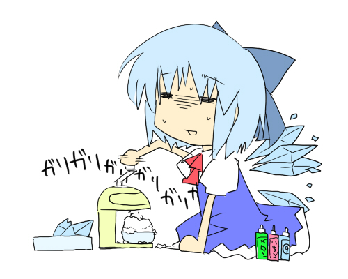 kazetto, cirno, embodiment of scarlet devil, touhou, bad id, bad pixiv id, lowres, 1girl, blue hair, circled 9, dress, female focus, flat color, food, full body, ice shaver, ribbon, shaved ice, solo, white background, wings