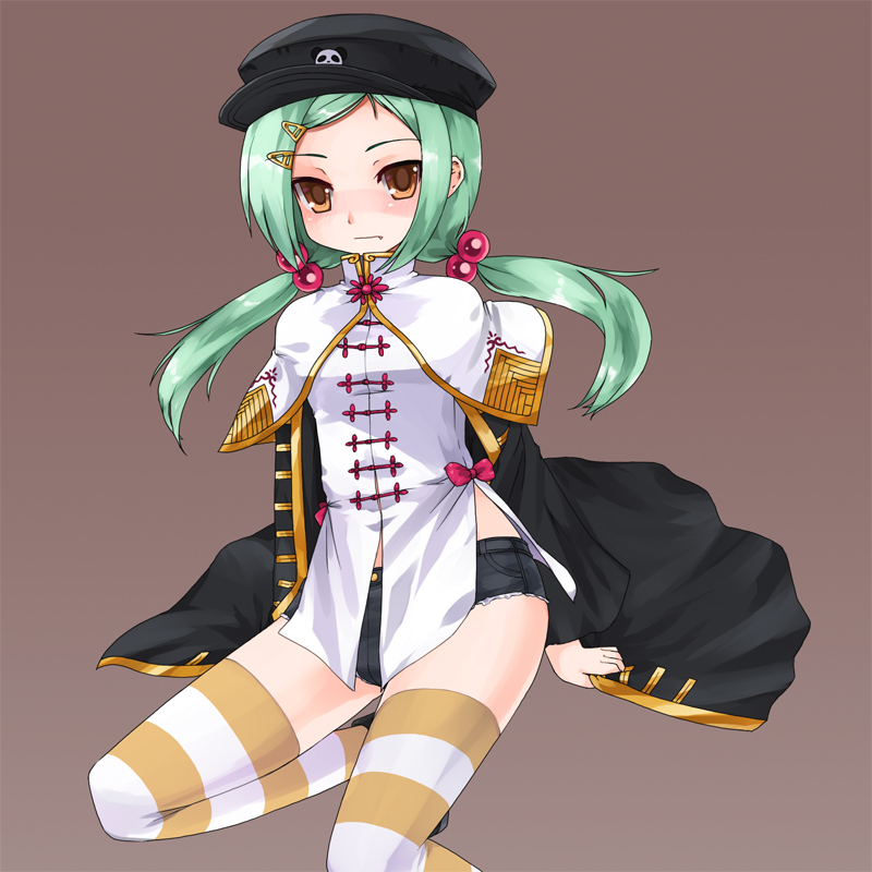 ktsecond, chinkyuu (koihime musou), koihime musou, bad id, bad pixiv id, 00s, denim, denim shorts, fang, green hair, hair bobbles, hair ornament, hat, shorts, solo, striped clothes, striped thighhighs, thighhighs, twintails, yellow eyes
