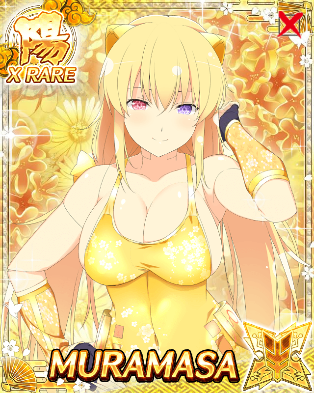 muramasa (senran kagura), senran kagura, senran kagura new wave, game cg, official art, 1girl, aged up, android, arm up, blonde hair, breasts, card (medium), character name, cleavage, closed mouth, covered navel, detached sleeves, doll joints, english text, fingerless gloves, floral background, gloves, gold flower, gold horns, gold one-piece swimsuit, gold sleeves, half-closed eyes, hand on own hip, heterochromia, horns, joints, large breasts, light blush, looking at viewer, low twintails, mechanical horns, one-piece swimsuit, purple eyes, red eyes, smile, solo, swimsuit, twintails