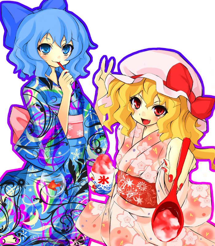 kate (alice catharsis), cirno, flandre scarlet, embodiment of scarlet devil, touhou, bad id, bad pixiv id, photoshop (medium), 2girls, blonde hair, blue eyes, blue hair, female focus, food, hat, japanese clothes, kimono, multiple girls, one side up, ponytail, red eyes, shaved ice, short hair, side ponytail