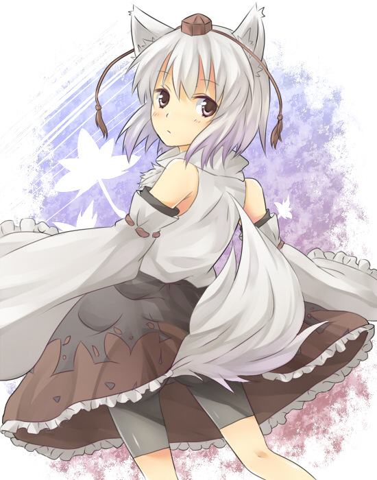 urin, inubashiri momiji, touhou, bad id, bad pixiv id, 1girl, animal ears, bare shoulders, detached sleeves, female focus, from behind, grey eyes, hat, leaf, looking back, short hair, solo, tail, tokin hat, white hair, wolf ears, wolf tail