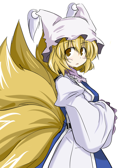 yu-ves, yakumo ran, touhou, bad id, bad pixiv id, 1girl, animal hat, blonde hair, brown eyes, female focus, hands in opposite sleeves, hat, long sleeves, mob cap, multiple tails, open mouth, short hair, solo, tail, tassel, white background, wide sleeves
