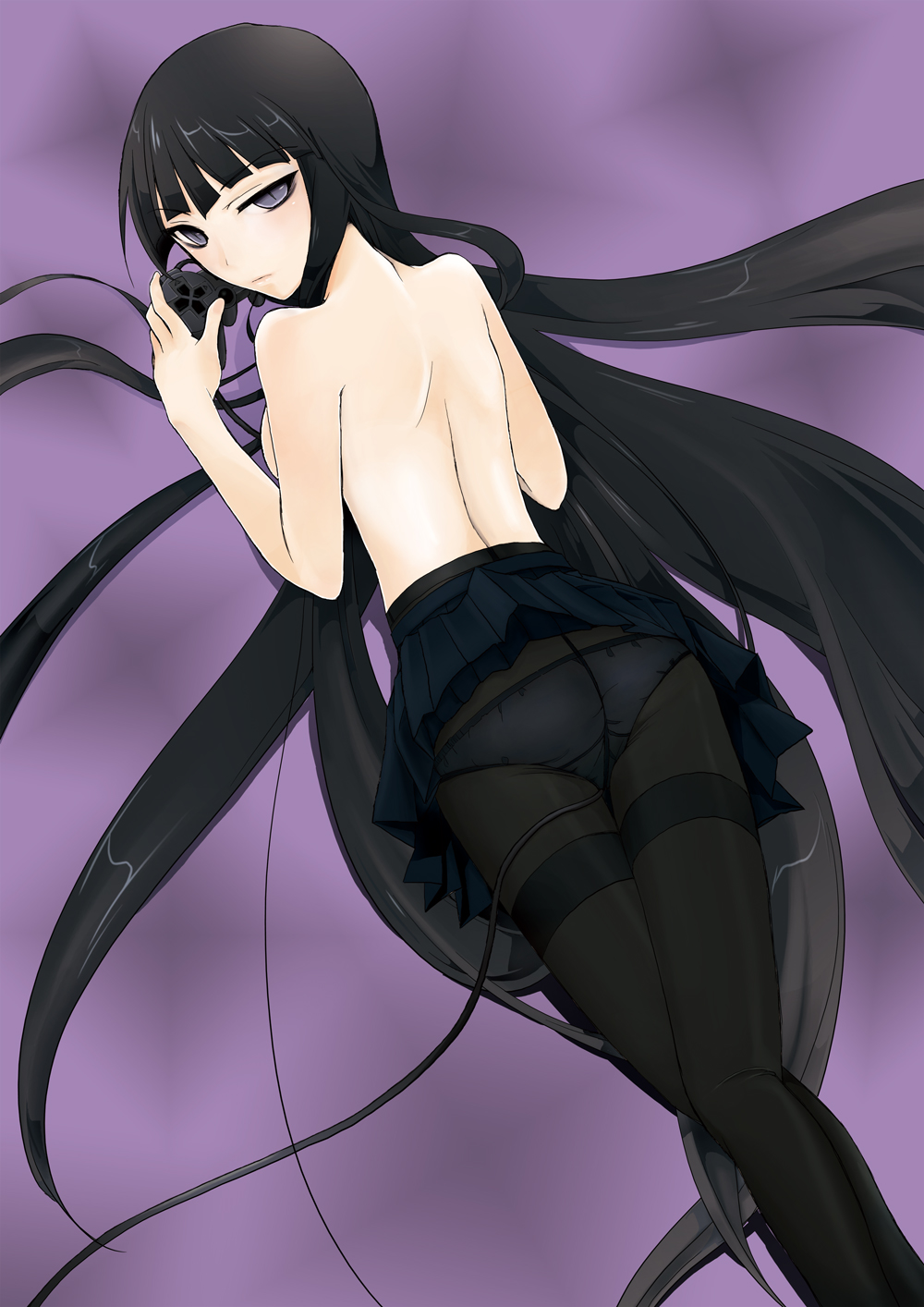 shijou mako, female protagonist (houkago play), houkago play, bad id, bad pixiv id, highres, 1girl, ass, back, black hair, black pantyhose, blunt bangs, crotch seam, female focus, game console, long hair, lying, no bra, panties, panties under pantyhose, pantyhose, pleated skirt, purple eyes, skirt, solo, thighband pantyhose, topless female, underwear, underwear only, very long hair