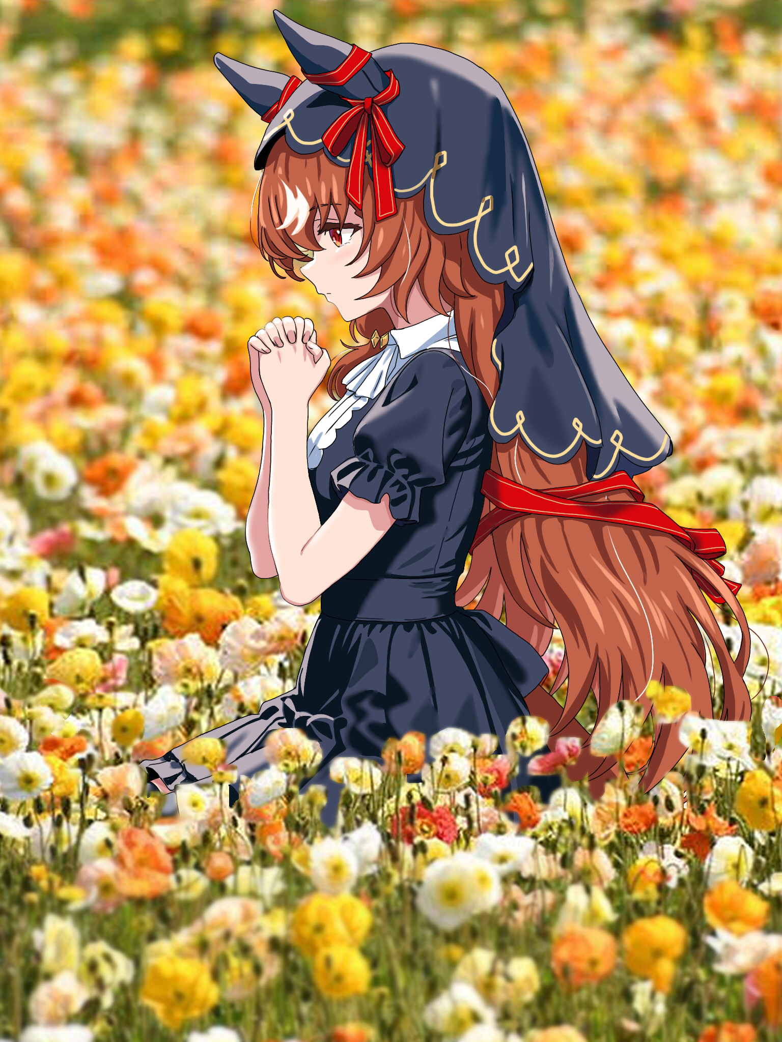 zenbrush2, still in love (umamusume), umamusume, commentary request, highres, mixed-language commentary, 1girl, animal ears, black jacket, black skirt, black veil, blush, brown eyes, brown hair, closed mouth, from side, horse ears, horse girl, horse tail, jacket, long hair, own hands clasped, own hands together, seiza, shirt, short sleeves, sitting, skirt, solo, tail, veil, white shirt