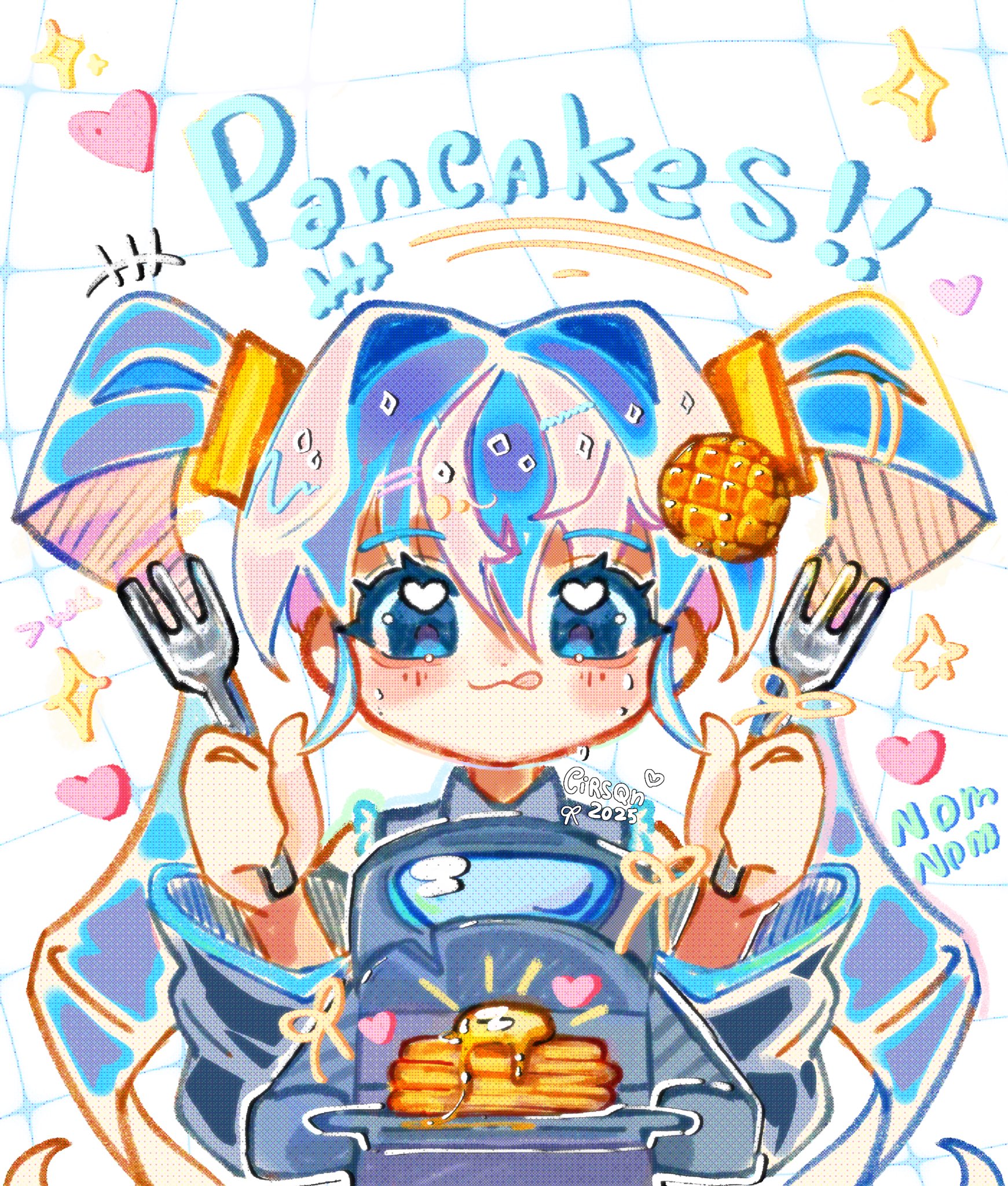 cirsqn, hatsune miku, mini pekka (clash royale), clash royale, vocaloid, commentary, highres, 1boy, 1girl, blue eyes, blue hair, blush, closed mouth, crossover, dual wielding, food, fork, hair between eyes, heart, heart in eye, holding, holding fork, holding plate, long hair, looking at viewer, pancake, pancake stack, plate, smile, symbol in eye, tongue, tongue out, twintails, white background