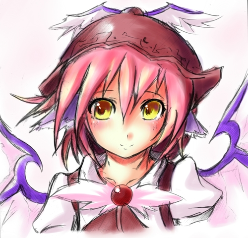 shirue, mystia lorelei, touhou, bad id, bad pixiv id, lowres, 1girl, blush, female focus, sketch, smile, solo, white background, yellow eyes