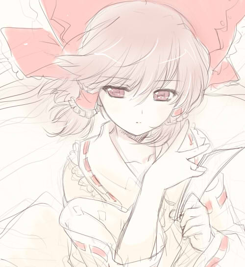 santa matsuri, hakurei reimu, team shanghai alice, touhou, bad id, bad pixiv id, 1girl, brown hair, female focus, ofuda, pale color, short hair, sketch, solo