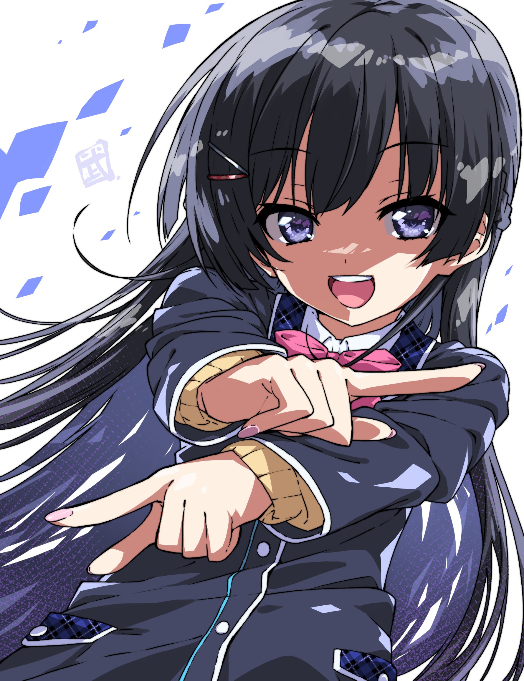 take shinobu, tsukino mito, nijisanji, highres, 1girl, black hair, blue eyes, hair ornament, hairclip, long hair, looking at viewer, open mouth, school uniform, smile, solo