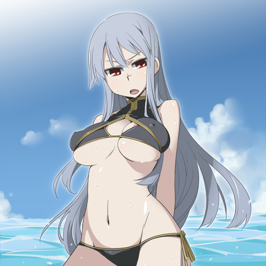 ukitanisu, selvaria bles, senjou no valkyria, senjou no valkyria (series), senjou no valkyria 1, silver hair, 00s, 1girl, beach, bikini, blue hair, breasts, day, female focus, large breasts, long hair, ocean, outdoors, red eyes, side-tie bikini bottom, sky, solo, standing, swimsuit, underboob, water, wet