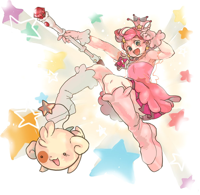 nitako, comet (character), comet (comet-san), la valmot provone, cosmic baton girl comet-san, baton, platform footwear, white legwear, 1girl, :d, armpits, boots, crown, dog, dress, earrings, flat chest, gloves, green eyes, hair ornament, heart, jewelry, jumping, knee boots, magical girl, necklace, open mouth, pendant, pink boots, pink hair, pleated skirt, short dress, short hair, skirt, smile, star (symbol), white gloves