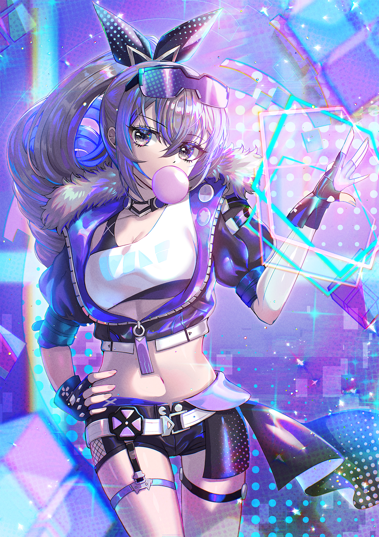 kozou kazaru, silver wolf (honkai: star rail), honkai: star rail, honkai (series), highres, 1girl, black bra, black gloves, black jacket, black shorts, bra, breasts, chewing gum, cleavage, collarbone, crop top, cropped jacket, drill hair, drill ponytail, eyewear on head, fingerless gloves, gloves, goggles, goggles on head, grey eyes, grey hair, hair between eyes, hand on own hip, jacket, long hair, medium breasts, navel, ponytail, shirt, short shorts, shorts, solo, sports bra, stomach, thigh strap, underwear, white shirt