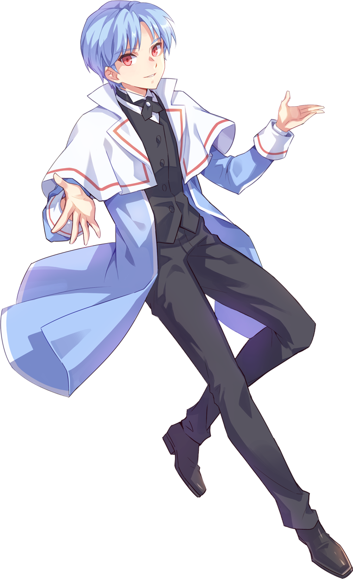 lanziee rozen kranz, nexon, tales weaver, artist request, official art, second-party source, 1boy, black cross tie, black vest, blue coat, blue sleeves, buttons, capelet, coat, collared shirt, cross tie, curtained hair, dress pants, dress shoes, full body, grin, lapels, leg up, looking at viewer, male focus, notched lapels, open clothes, open coat, open hands, parted bangs, red eyes, red pupils, shirt, short hair, simple background, sleeve cuffs, smile, solo, teeth, transparent background, undershirt, vest, white capelet, white shirt, wing collar