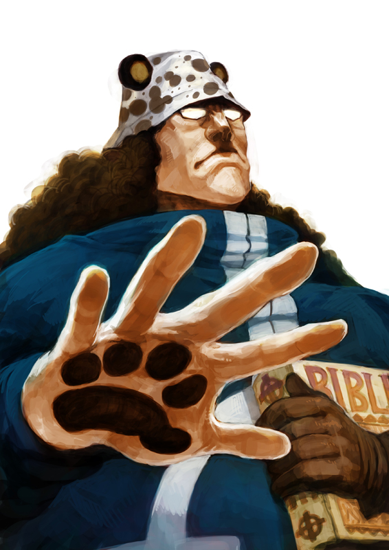 lack, bartholomew kuma, one piece, 1boy, animal ears, animal hands, bible (object), book, foreshortening, gloves, hat, long hair, male focus, simple background, solo
