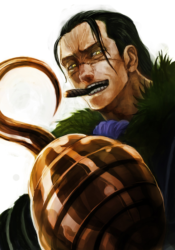 lack, crocodile (one piece), one piece, 1boy, amputee, animal eyes, ascot, cigar, coat, fur coat, hook hand, jacket, jacket on shoulders, male focus, manly, scar, slit pupils, smoking, solo, yellow eyes
