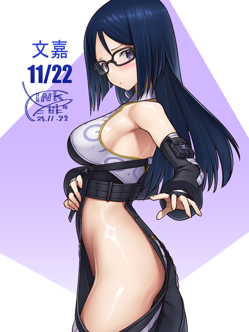 takada kazuhiro, momoshina fumika, alice gear aegis, 1girl, black-framed eyewear, blue hair, breasts, clothing cutout, dated, detached sleeves, fingerless gloves, from side, glasses, gloves, hip vent, long hair, looking at viewer, medium breasts, no panties, purple eyes, signature, solo