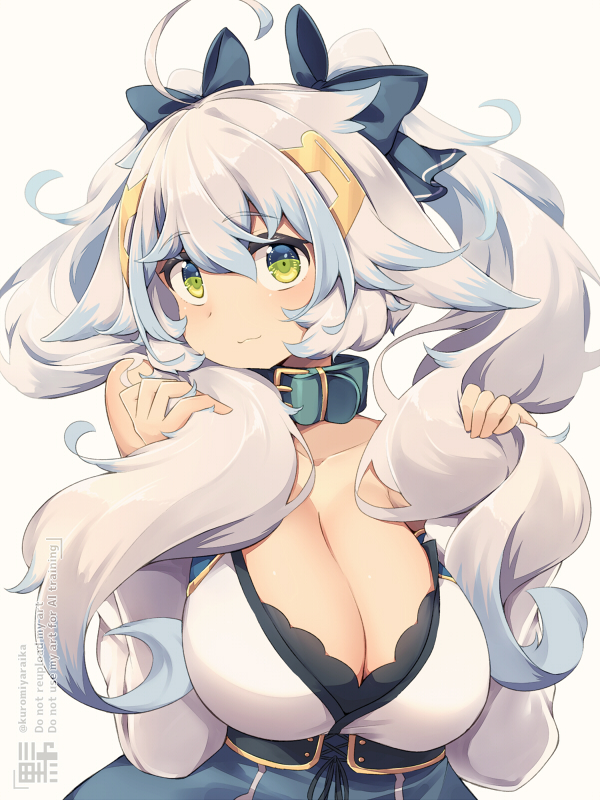 kuromiya, shiromiya asuka (kuromiya), original, commentary request, 1girl, :3, ahoge, alternate hairstyle, animal ears, black bow, blue hair, bow, breasts, cleavage, closed mouth, collar, green collar, green eyes, hair bow, large breasts, long hair, looking at viewer, multicolored hair, simple background, solo, twintails, two-tone hair, watermark, white background