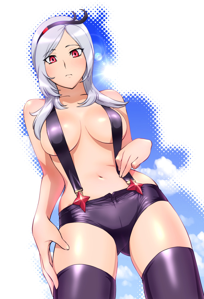 ueyama michirou, eas (fresh precure!), higashi setsuna, fresh precure!, precure, silver hair, 00s, 1girl, black shorts, black thighhighs, blush, breasts, cleavage, cloud, embarrassed, eyelashes, female focus, frown, hairband, large breasts, looking down, naked suspenders, navel, outdoors, red eyes, revealing clothes, shiny clothes, short shorts, shorts, sky, solo, standing, suspender shorts, suspenders, thighhighs, topfreedom, topless female, wide hips, zettai ryouiki