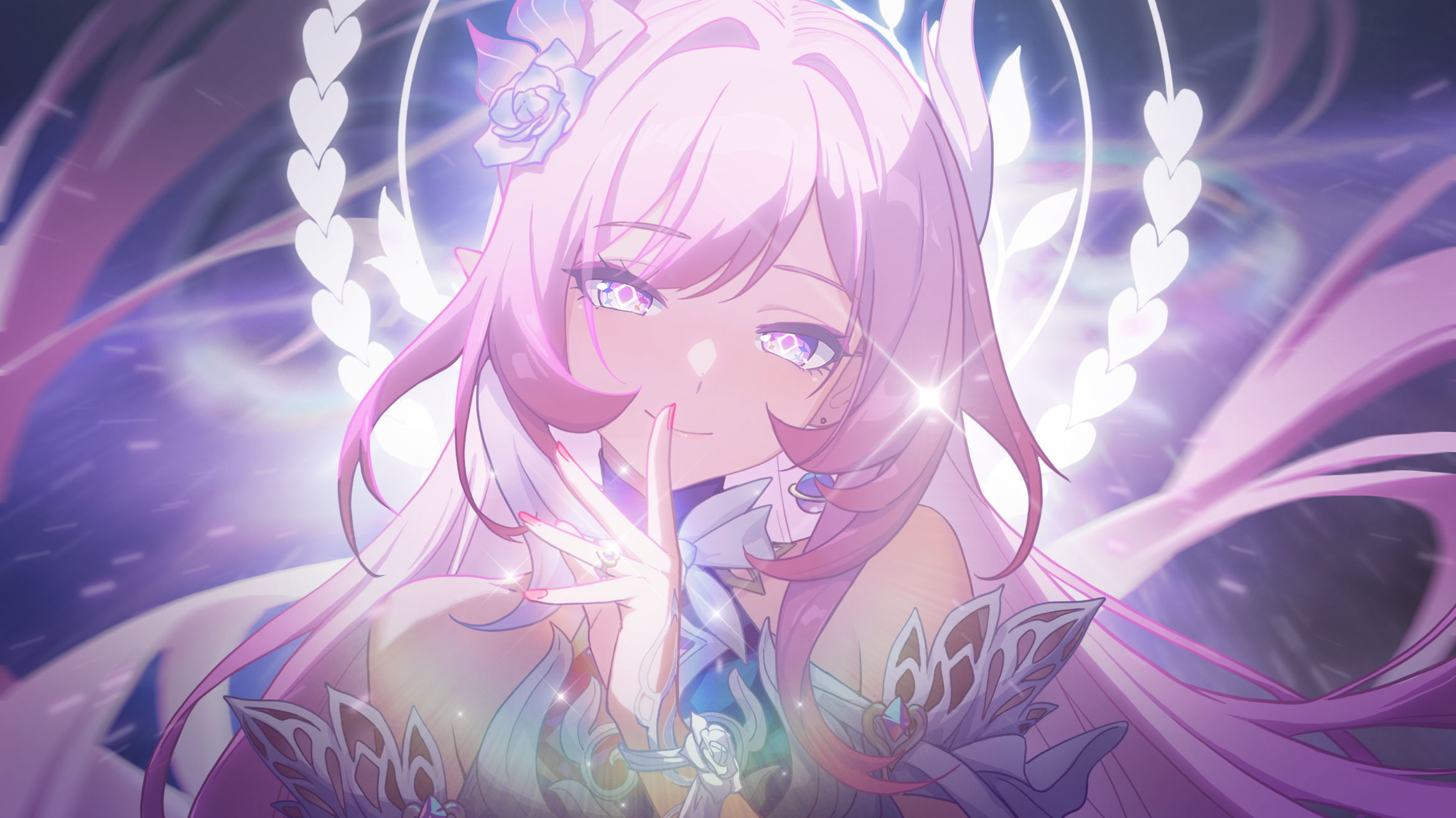 madyy, cyrene (honkai: star rail), cyrene (ripples of past reverie) (honkai: star rail), honkai: star rail, honkai (series), chinese commentary, commentary request, highres, revision, 1girl, bare shoulders, blue flower, closed mouth, diamond-shaped pupils, diamond (shape), earrings, flower, hair flower, hair ornament, halo, halo behind head, hand up, jewelry, long hair, looking at viewer, nail polish, pink hair, pink nails, pointy ears, portrait, purple eyes, smile, solo, symbol-shaped pupils, very long hair, white halo