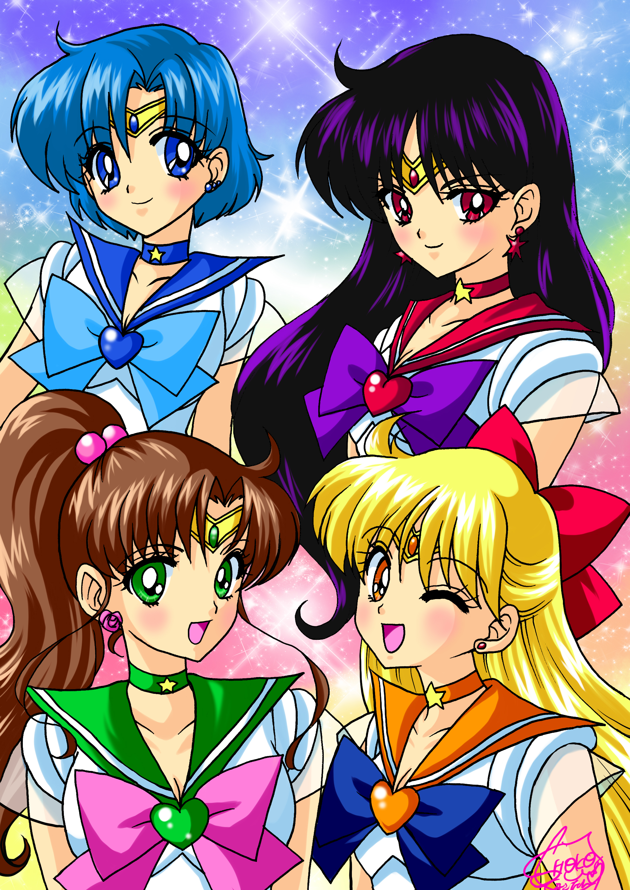 shoko-tan, aino minako, hino rei, kino makoto, mizuno ami, sailor jupiter, sailor mars, sailor mercury, sailor venus, super sailor jupiter, super sailor mars, super sailor mercury, super sailor venus, bishoujo senshi sailor moon, bishoujo senshi sailor moon supers, absurdres, highres, 1990s (style), 4girls, black hair, blonde hair, blue eyes, blue hair, blue sailor collar, blush, bow, brooch, brown hair, choker, earrings, female focus, green eyes, hair bobbles, hair bow, hair ornament, half updo, happy, heart, heart brooch, inner senshi, jewelry, long hair, looking at viewer, magical girl, multiple girls, one eye closed, orange eyes, pink bow, ponytail, purple hair, red bow, red eyes, retro artstyle, sailor collar, sailor senshi, school uniform, short hair, smile, tiara, wink