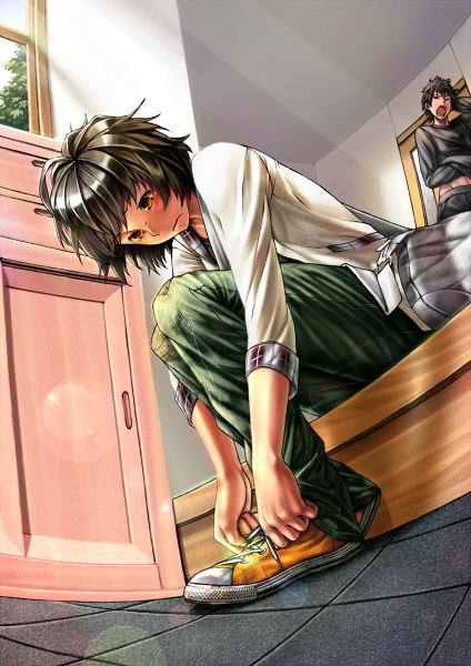 inuzuka bouru, converse, original, bad id, bad pixiv id, 2boys, black hair, fisheye, male focus, multiple boys, shoe tying, shoes, short hair, sneakers, yellow eyes