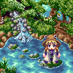 cha (1122343), moriya suwako, touhou, lowres, 1girl, female focus, flower, hat, nature, outdoors, pixel art, plant, solo, water