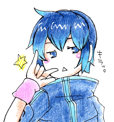 makoto yoru, kumono tsuki, original, utau, lowres, 1boy, :<, m/, blue eyes, blue hair, blue theme, headphones, headset, male focus, matching hair/eyes, multicolored eyes, multicolored hair, seikan hikou, solo, star (symbol)