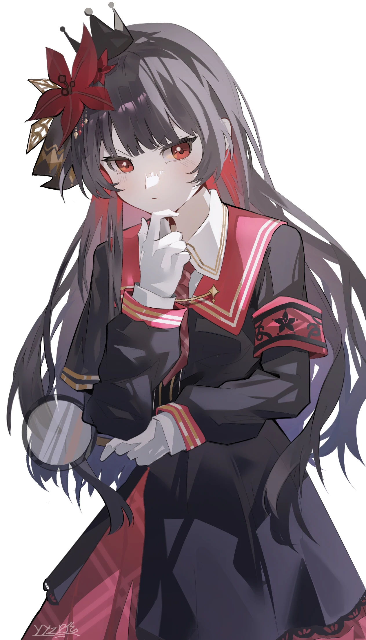nikaido hiro, mahou shoujo no majo saiban, highres, 1girl, armband, black hair, black shirt, black skirt, closed mouth, collared shirt, cowboy shot, crown, flower, hair flower, hair ornament, hand on own chin, holding, holding magnifying glass, layered skirt, long hair, long sleeves, looking at viewer, magnifying glass, necktie, red armband, red eyes, red flower, red necktie, red sailor collar, sailor collar, shirt, simple background, skirt, solo, standing, thinking, white background, yyz bei lun sang