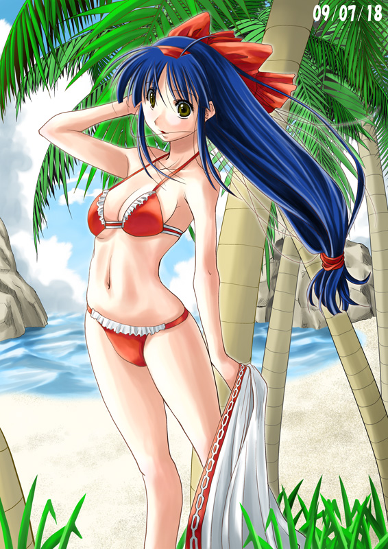edoya minoru, nakoruru, samurai spirits, bad id, bad pixiv id, 00s, 1girl, 2009, beach, bikini, blue hair, bow, breasts, brown eyes, cleavage, dated, day, female focus, legs, long hair, low-tied long hair, navel, orange bikini, outdoors, red bow, solo, swimsuit