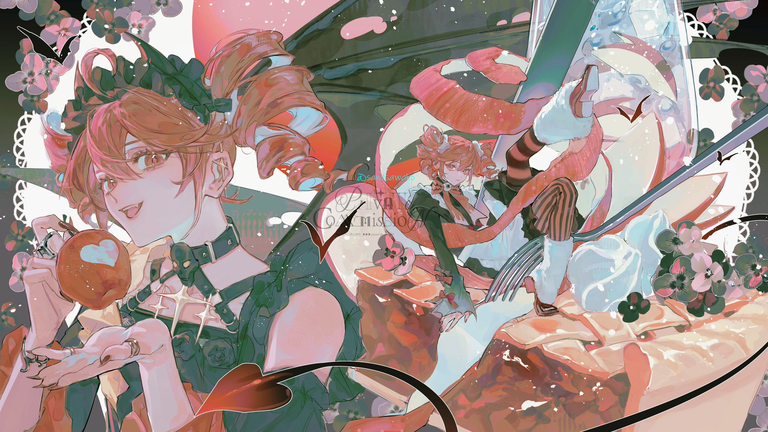 sandsawako, kasane teto, utau, commission, highres, 1girl, ahoge, apple, apple peel, black headdress, drill hair, eyelashes, fingernails, flower, food, fruit, full body, hair between eyes, headdress, heart, holding, holding food, holding fruit, jewelry, long hair, looking at viewer, multiple views, nail polish, open mouth, pie, red eyes, red flower, red hair, red nails, ring, sidelocks, teeth, tongue, twin drills, upper body, upper teeth only, watermark