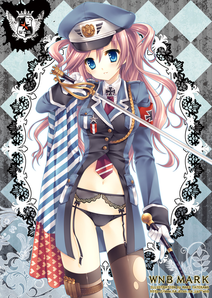 wnb mark, original, 1girl, armband, black panties, blue eyes, cross, curly hair, female focus, garter belt, germany, hat, heart, iron cross, long hair, midriff, military, military uniform, nazi, necktie, panties, peaked cap, pink hair, solo, thighhighs, underwear, world war ii