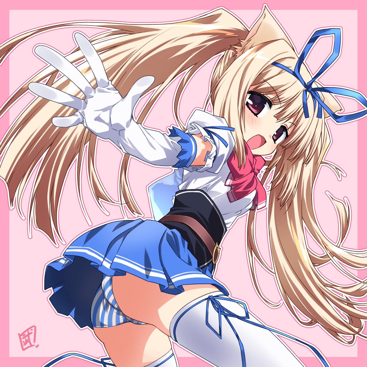 take shinobu, terakawa yuiko, mizumoto tsukasa-sensei no (ecchi) wo oboeru otona no seikyouiku lesson!!, commission, highres, skeb commission, 1girl, ass, blonde hair, blush, breasts, elbow gloves, gloves, long hair, looking at viewer, open mouth, panties, pantyshot, pink eyes, skirt, small breasts, smile, solo, striped clothes, striped panties, thighhighs, twintails, underwear