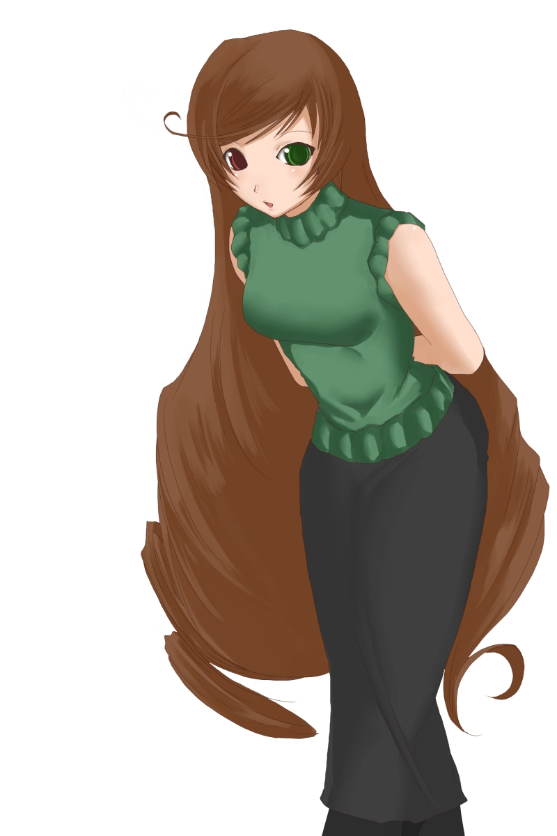 chemical-x, suiseiseki, rozen maiden, highres, 00s, aged up, brown hair, casual, dress, heterochromia, long hair, solo, very long hair