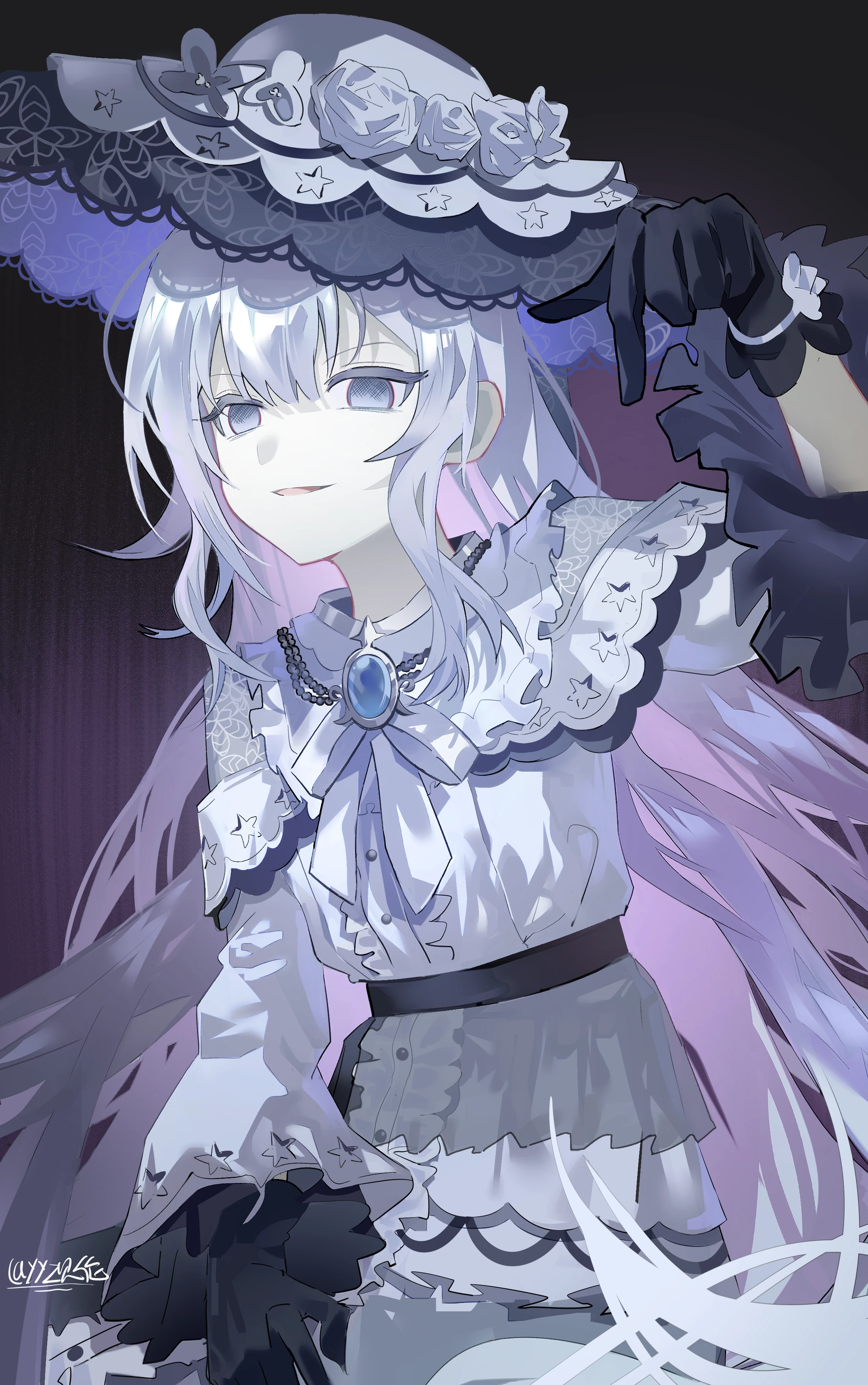 tsukishiro yuki, mahou shoujo no majo saiban, absurdres, highres, spoilers, 1girl, black gloves, blue eyes, cowboy shot, dress, empty eyes, flower, frilled dress, frilled sleeves, frills, gloves, hat, hat flower, long hair, long sleeves, looking at viewer, open mouth, pointing, pointing down, smile, solo, white dress, white flower, white hair, white hat, yyz bei lun sang