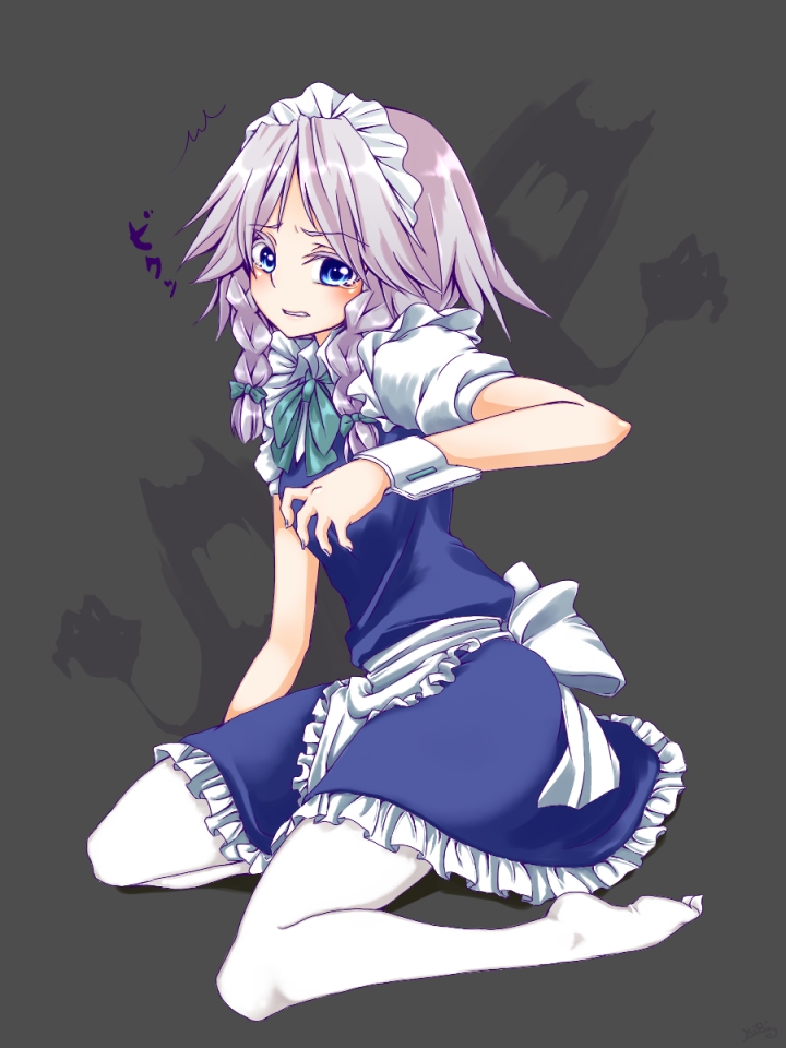 kiri (kyannsa01), izayoi sakuya, touhou, silver hair, bad id, bad pixiv id, 1girl, blue eyes, braid, female focus, pantyhose, short hair, solo, tears, twin braids, white pantyhose, zanri