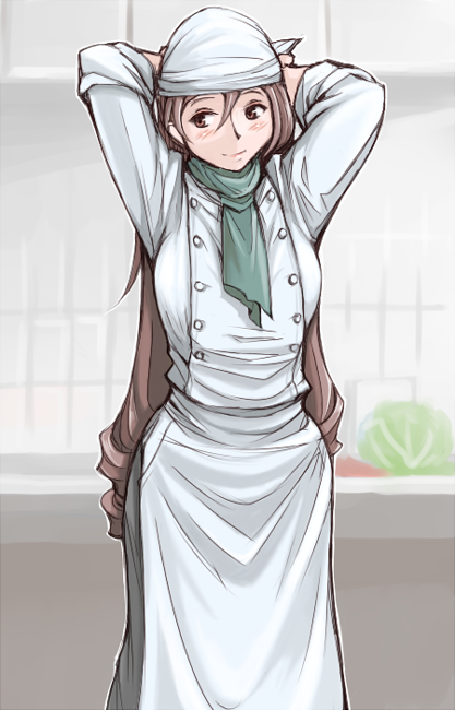tsuda nanafushi, suiseiseki, rozen maiden, 00s, 1girl, aged up, apron, arms behind head, arms up, ascot, bandana, blush, breasts, brown eyes, brown hair, cabbage, casual, chef, female focus, headscarf, indoors, kitchen, large breasts, long hair, scarf, sleeves rolled up, smile, solo, standing, very long hair, white headscarf