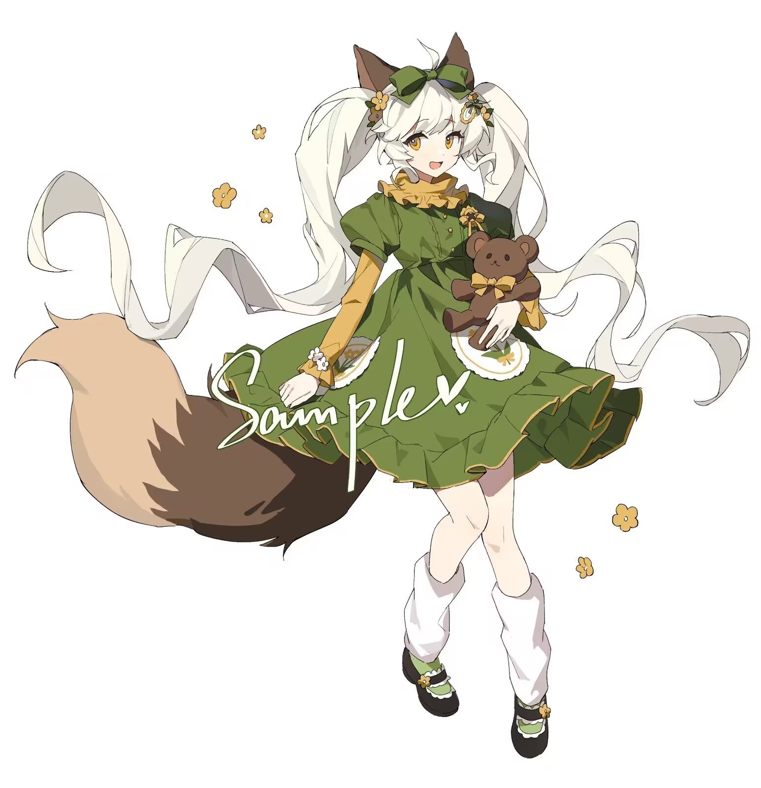 ame ame, original, highres, 1girl, :d, animal ears, black shoes, bow, dress, fox ears, fox girl, fox tail, full body, green bow, green dress, hair bow, holding, holding stuffed toy, layered sleeves, long hair, long sleeves, looking at viewer, open mouth, sample watermark, shoes, short over long sleeves, short sleeves, simple background, smile, socks, solo, standing, stuffed animal, stuffed toy, tail, teddy bear, twintails, watermark, white background, white hair, white socks, yellow eyes