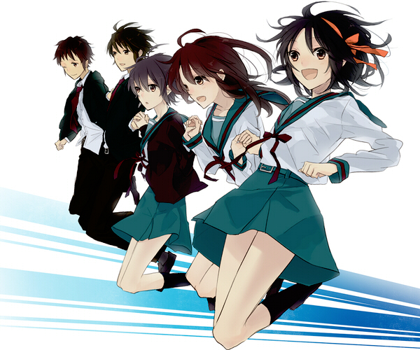 hakoda eko, asahina mikuru, koizumi itsuki, kyon, nagato yuki, suzumiya haruhi, suzumiya haruhi no yuuutsu, bad id, bad pixiv id, 00s, 2boys, 3girls, cardigan, jumping, multiple boys, multiple girls, school uniform, serafuku
